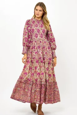 Oliphant Maxis>3/4 Smocked Top Maxi- Matera Pink