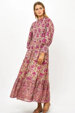 Oliphant Maxis>3/4 Smocked Top Maxi- Matera Pink