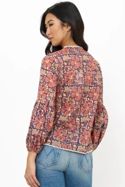 Oliphant Tops>Balloon Sleeve Tie Top- Matera Navy
