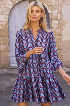 Oliphant Short & Mini Dresses>Bell Sleeve Tiered Mini- Tulip Red