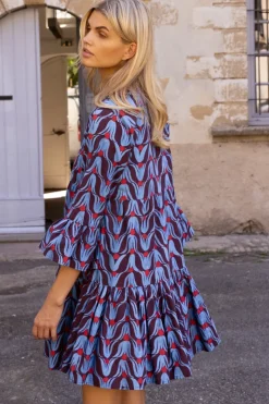 Oliphant Short & Mini Dresses>Bell Sleeve Tiered Mini- Tulip Red