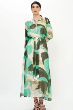 Oliphant Maxis|Dresses>Belted Long Sleeve Shift Maxi- Ginkgo Green