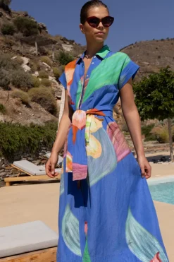 Oliphant Maxis|Dresses>Belted Shirt Dress- Hibiscus Blue