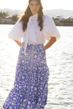 Oliphant Skirts>Button Front Skirt- Eclipse Blue