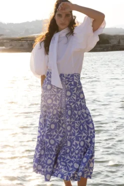 Oliphant Skirts>Button Front Skirt- Eclipse Blue