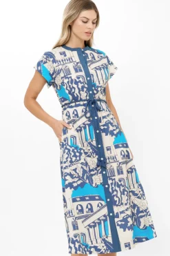 Oliphant Midis|Dresses>Cap Sleeve Shirt Dress Midi- Roma Blue