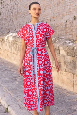 Oliphant Midis|Dresses>Cap Sleeve Shirt Dress Midi- Eclipse Red