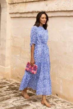 Oliphant Maxis|Dresses>Cinched Pintuck Maxi- Cypress Blue