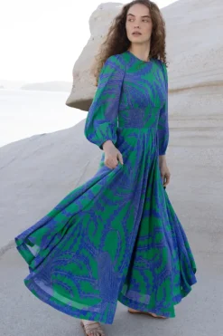 Oliphant Maxis|Dresses>Crew Neck Smocked Waist Maxi- Thistle Green