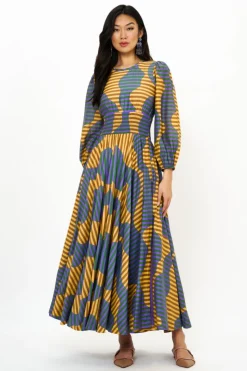 Oliphant Maxis>Crewneck Smocked Waist Maxi- Haring Saffron