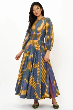 Oliphant Maxis>Crewneck Smocked Waist Maxi- Haring Saffron
