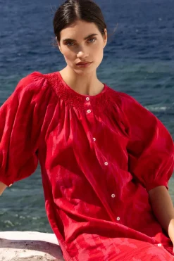 Oliphant Short & Mini Dresses|Dresses>Embroidered Button Mini- Tashkent Red
