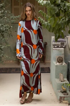 Oliphant Maxis>Long Sleeve Shift Maxi- Tulip Orange