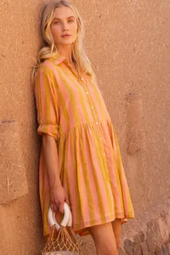 Oliphant Short & Mini Dresses|Dresses>Long Sleeve Shirt Dress Mini- Cabana Coral