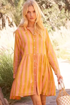 Oliphant Short & Mini Dresses|Dresses>Long Sleeve Shirt Dress Mini- Cabana Coral