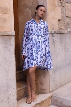 Oliphant Short & Mini Dresses|Dresses>Long Sleeve Shirt Dress Mini- Toscana Blue