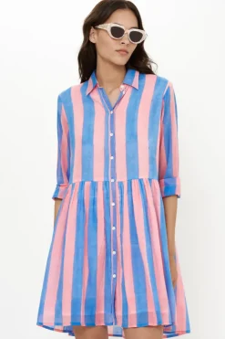 Oliphant Short & Mini Dresses|Dresses>Long Sleeve Shirt Dress Mini- Cabana Pink
