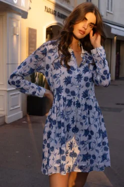 Oliphant Short & Mini Dresses|Dresses>Long Sleeve Shirt Dress Mini- Marion Blue