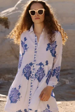 Oliphant Short & Mini Dresses|Dresses>Long Sleeve Shirt Dress Mini- Portofino Blue