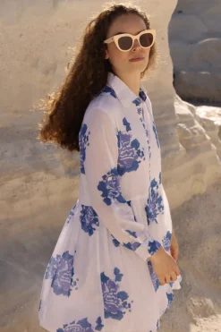 Oliphant Short & Mini Dresses|Dresses>Long Sleeve Shirt Dress Mini- Portofino Blue