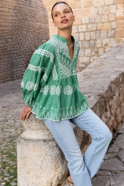 Oliphant Tops>Mandarin Balloon Top- Soleil Sage