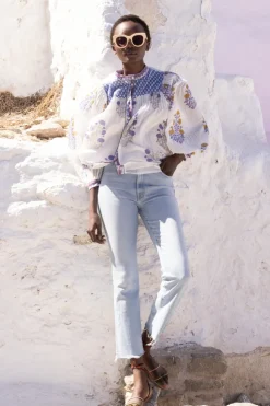 Oliphant Tops>Mandarin Pintuck Blouse- Napa Blue