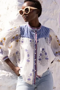 Oliphant Tops>Mandarin Pintuck Blouse- Napa Blue