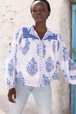 Oliphant Tops>Mandarin Pintuck Blouse- Salvia Blue