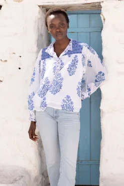 Oliphant Tops>Mandarin Pintuck Blouse- Salvia Blue