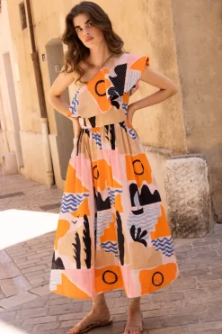 Oliphant Maxis|Dresses>One Shoulder Ruffle Maxi- Riviera Orange