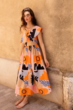 Oliphant Maxis|Dresses>One Shoulder Ruffle Maxi- Riviera Orange