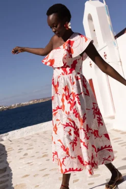 Oliphant Maxis|Dresses>One Shoulder Ruffle Maxi- Orchid Red
