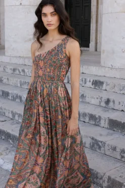 Oliphant Maxis|Dresses>One Shoulder Smocked Maxi- Persia Aqua