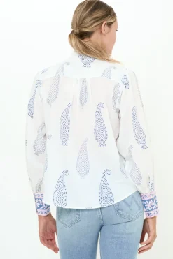 Oliphant Tops>Pintuck Button Front Blouse- Aptos Blue