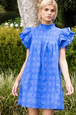 Oliphant Short & Mini Dresses>Pintuck Ruffle Mini Dress- Matrix Blue