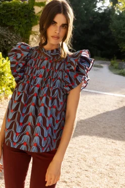 Oliphant Tops>Pintuck Ruffle Top- Tulip Red