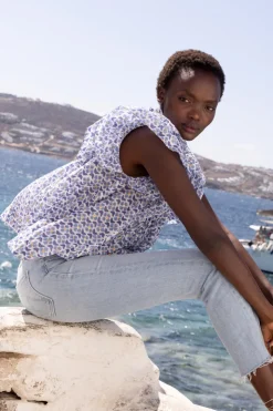 Oliphant Tops>Pintuck Ruffle Top- Veranda Blue
