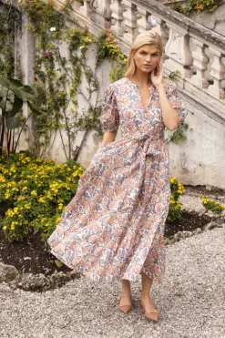 Oliphant Maxis>Puff Sleeve Maxi- Montenegro Coral