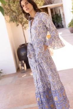 Oliphant Maxis|Dresses>Ruffle Collar Bell Maxi- Marseille Blue