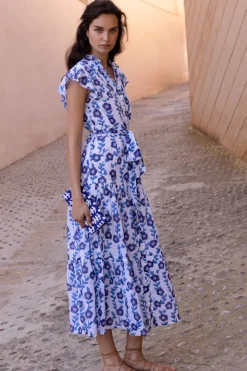 Oliphant Maxis|Dresses>Ruffle Collar Button Maxi- Toscana Blue