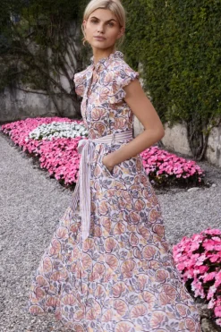 Oliphant Maxis>Ruffle Collar Button Maxi- Montenegro Coral
