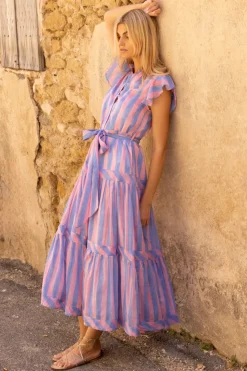 Oliphant Maxis|Dresses>Ruffle Collar Button Maxi- Cabana Pink