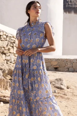 Oliphant Maxis|Dresses>Ruffle Collar Button Maxi- Mughal Blue