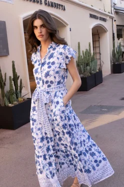 Oliphant Maxis|Dresses>Ruffle Collar Button Maxi- Marion Blue