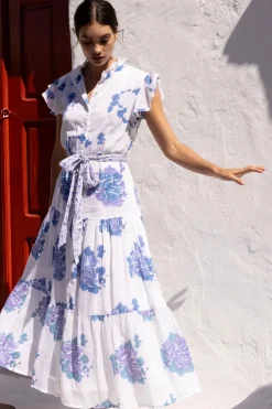 Oliphant Maxis|Dresses>Ruffle Collar Button Maxi- Portofino Blue