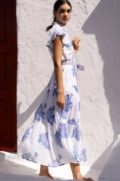 Oliphant Maxis|Dresses>Ruffle Collar Button Maxi- Portofino Blue