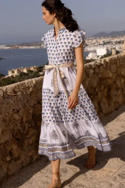 Oliphant Maxis|Dresses>Ruffle Collar Button Maxi- Lotus Navy