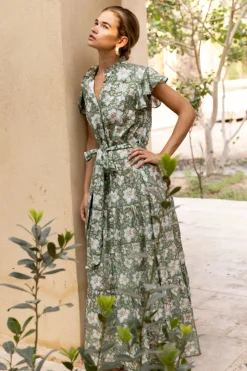 Oliphant Maxis|Dresses>Ruffle Collar Button Maxi- Ivy Olive