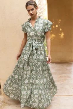 Oliphant Maxis|Dresses>Ruffle Collar Button Maxi- Ivy Olive