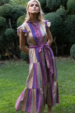Oliphant Maxis>Ruffle Collar Button Maxi- Torino Blue